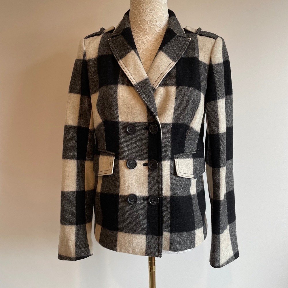 Banana Republic Carla Peacoat Jacket S Black Ivory Buffalo Plaid Wool Blend 2009